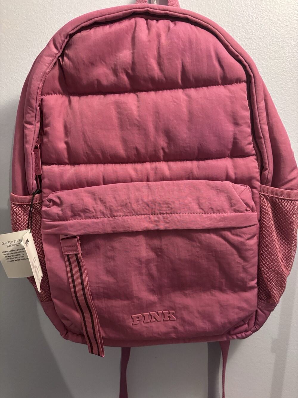 Victoria's Secret PINK Quilted Puffer Backpack Bag Dark Pink Magenta Logo NWT